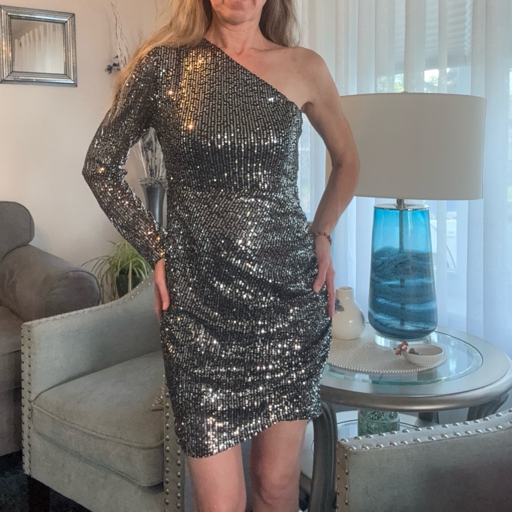 Silver Sequin One-Shoulder Dress - S